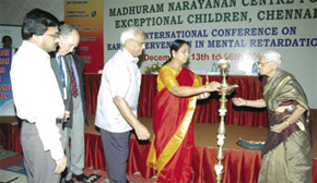 Inauguration of the conference by Mrs Subbulakshmi Jagadeesan, Honourable Union Minister of State for Social Justice and Empowerment. N Kumar of The Sanmar Group (left) and Vimala Kannan of MNC (right) are also seen here