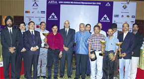 The winners with the organisers - AIMA, the quiz master N Sankar and S Gopal, The Sanmar group