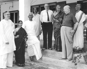 Rukmini Devi Arundale, third from right, founded the world famous Kalakshetra, whose Art Festival in December is one of the highlights of the Season. She is seen here with some of the outstanding individuals who stood by her in her pioneering efforts to put Indian dance and other arts on the world map