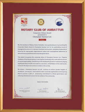 Rotary Club honours Chemplast Sanmar 