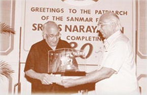 Sanmar Group Chairman Emeritus K S Narayanan being greeted by Mammen Mappillai at his 80th birthday celebrations