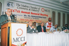 B Natraj at the 167th AGM of MCCI. Seated L to R: R Subramanian, K V Shetty, P S Ramamohan Rao, the Governor of Tamil Nadu and Vinod Kumar. 